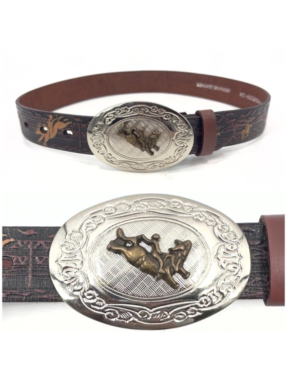 Nocona Western Belt Boys 24 Rodeo Tooled Leather Big Buckle Bull Rider Cowboy
